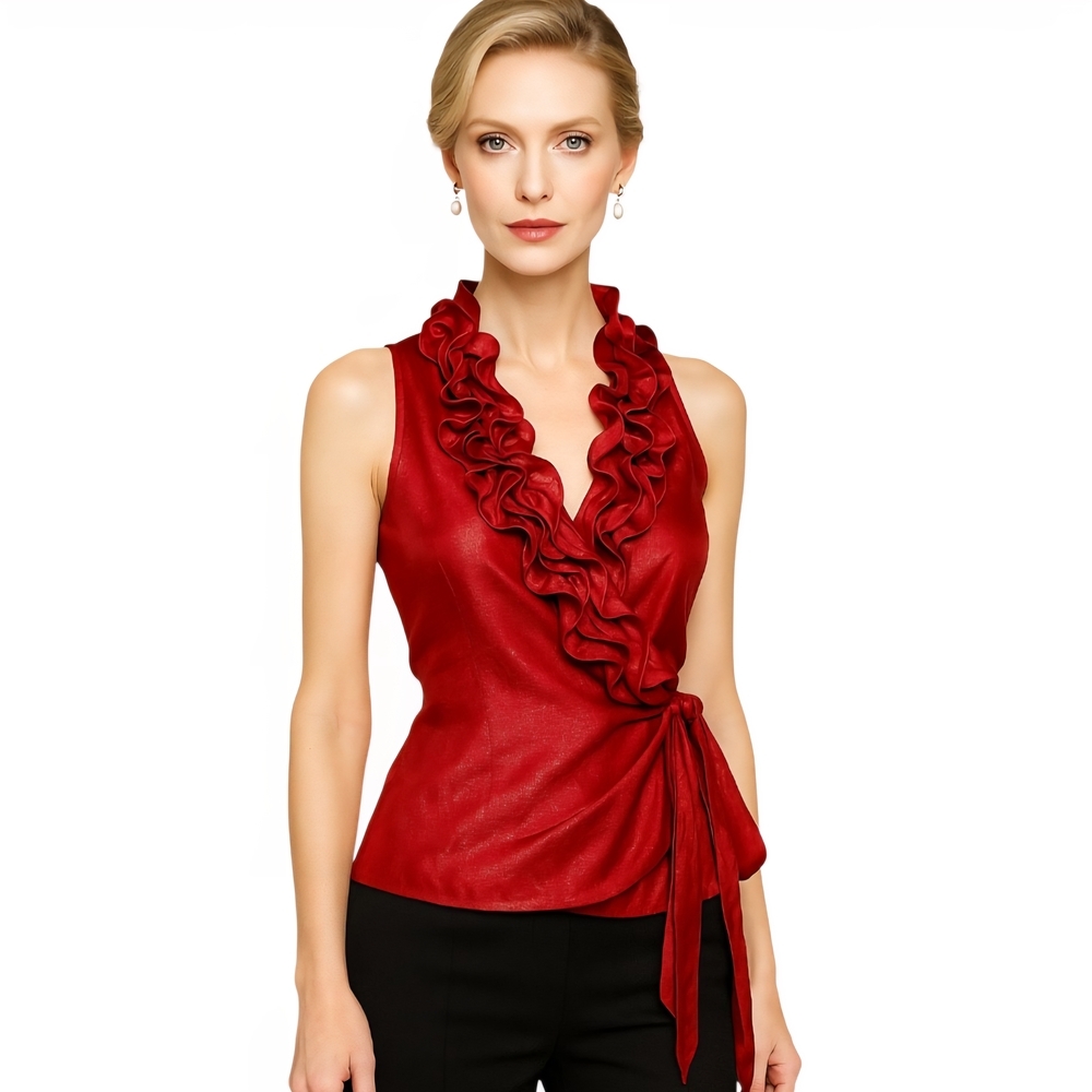 Chic Ruffle Wrap Blouse in Vibrant Red. Size M.